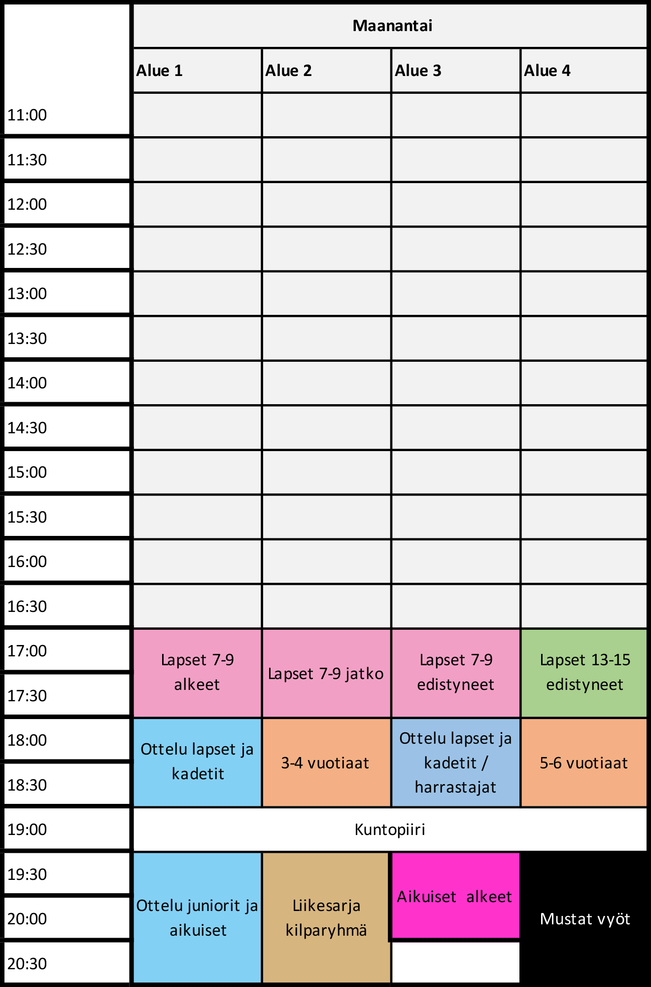 جدول تمارين التايكوندو يوم الاثنين